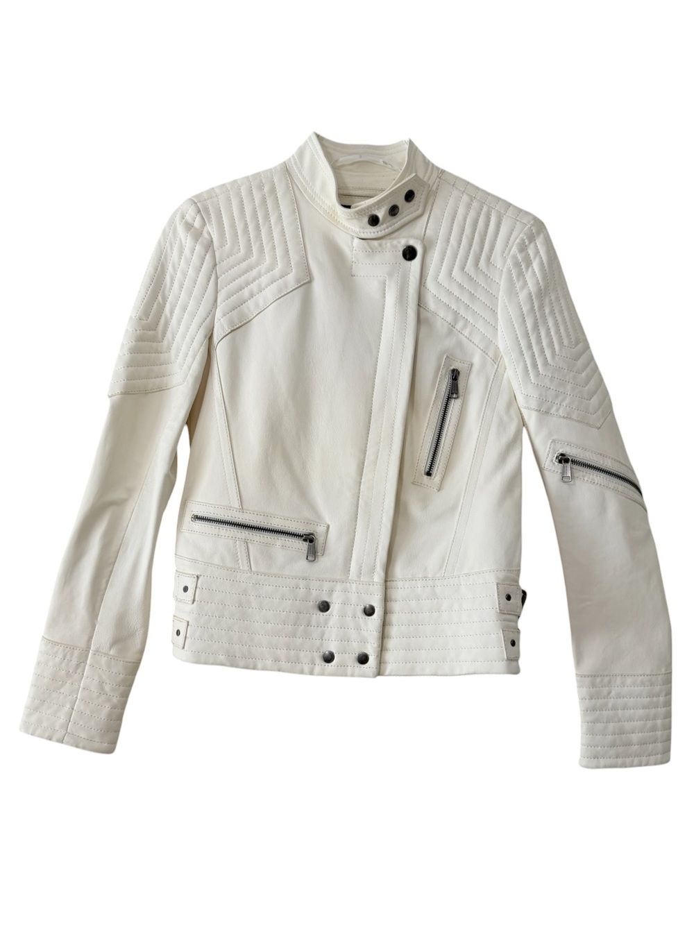 100% Leather Andrew Marc Cream Quilted Soft Supple Moto Jacket Size XS
